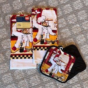 Cute Italian Chef Tea Towels and Pot Holders Set for Kitchen NWT